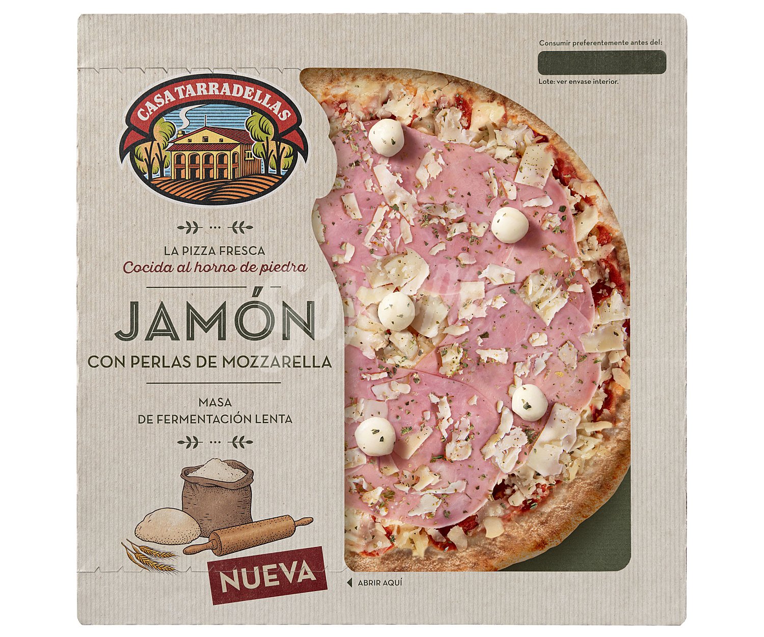 Casa tarradellas Pizza fresca de jamón con perlas de Mozzarella, cocida al horno de piedra casa tarradellas