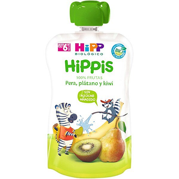 Hippis 100% frutas pera, plátano y kiwi ecológico, sin gluten y sin azúcar añadido desde 6 meses