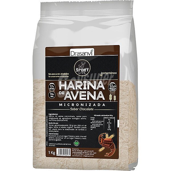 Harina de avena micronizada instántanea sabor chocolate sin azúcares añadidos