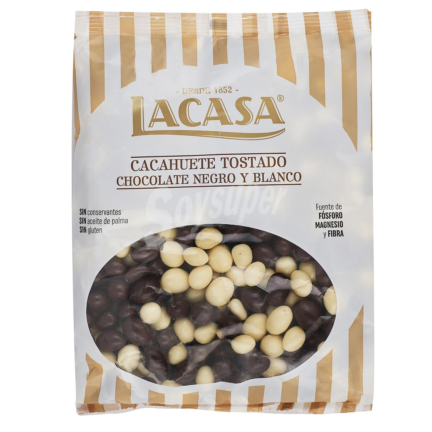 Cacahuete cubierto de chocolate blanco y negro Lacasa sin gluten y sin aceite de palma