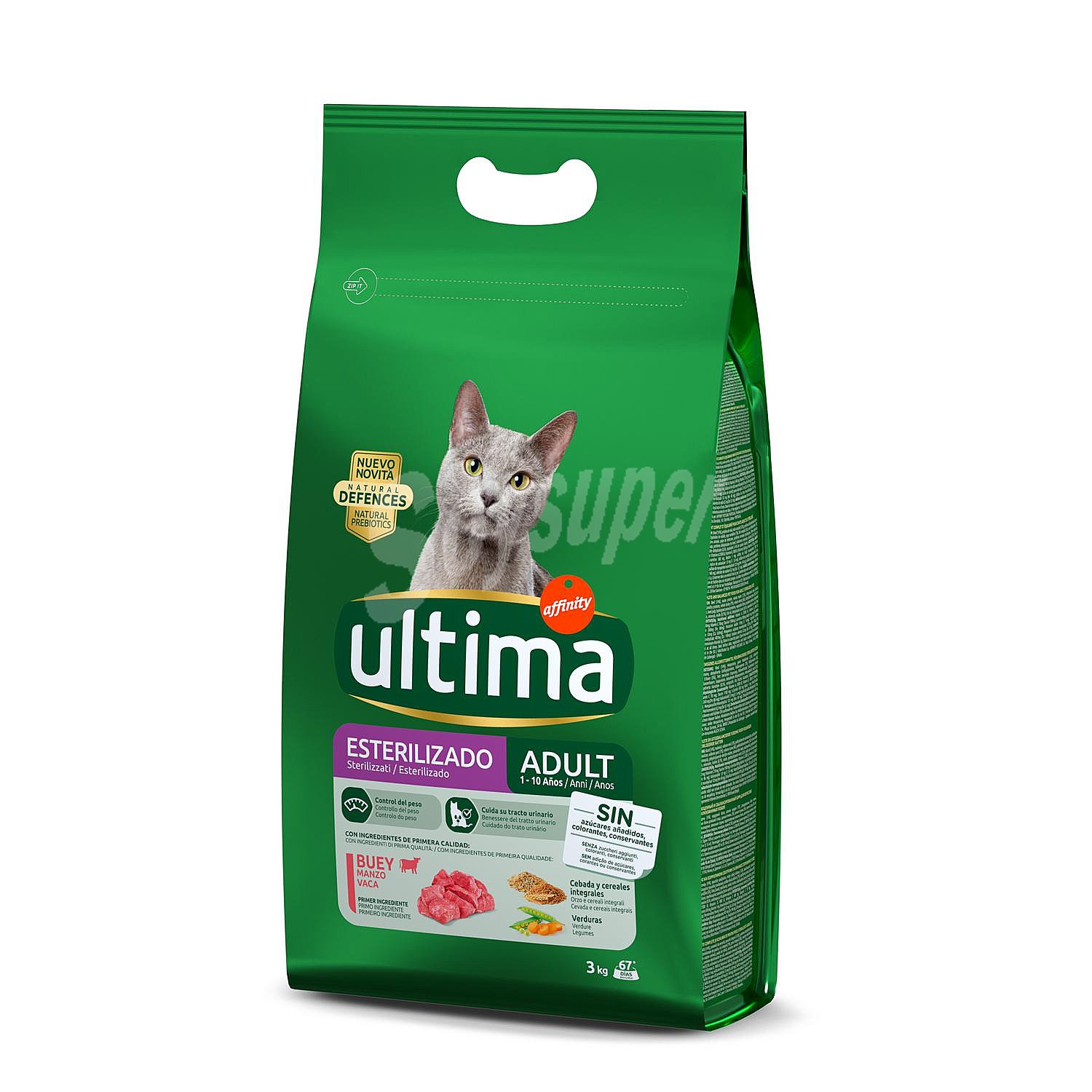 Alimento para gatos adultos esterilizados con buey