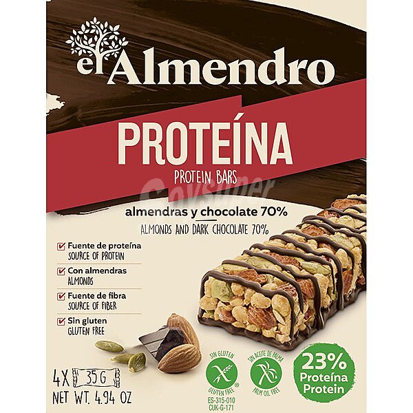 Barrita de proteínas con almendras y chocolate 70% sin gluten y sin aceite de palma