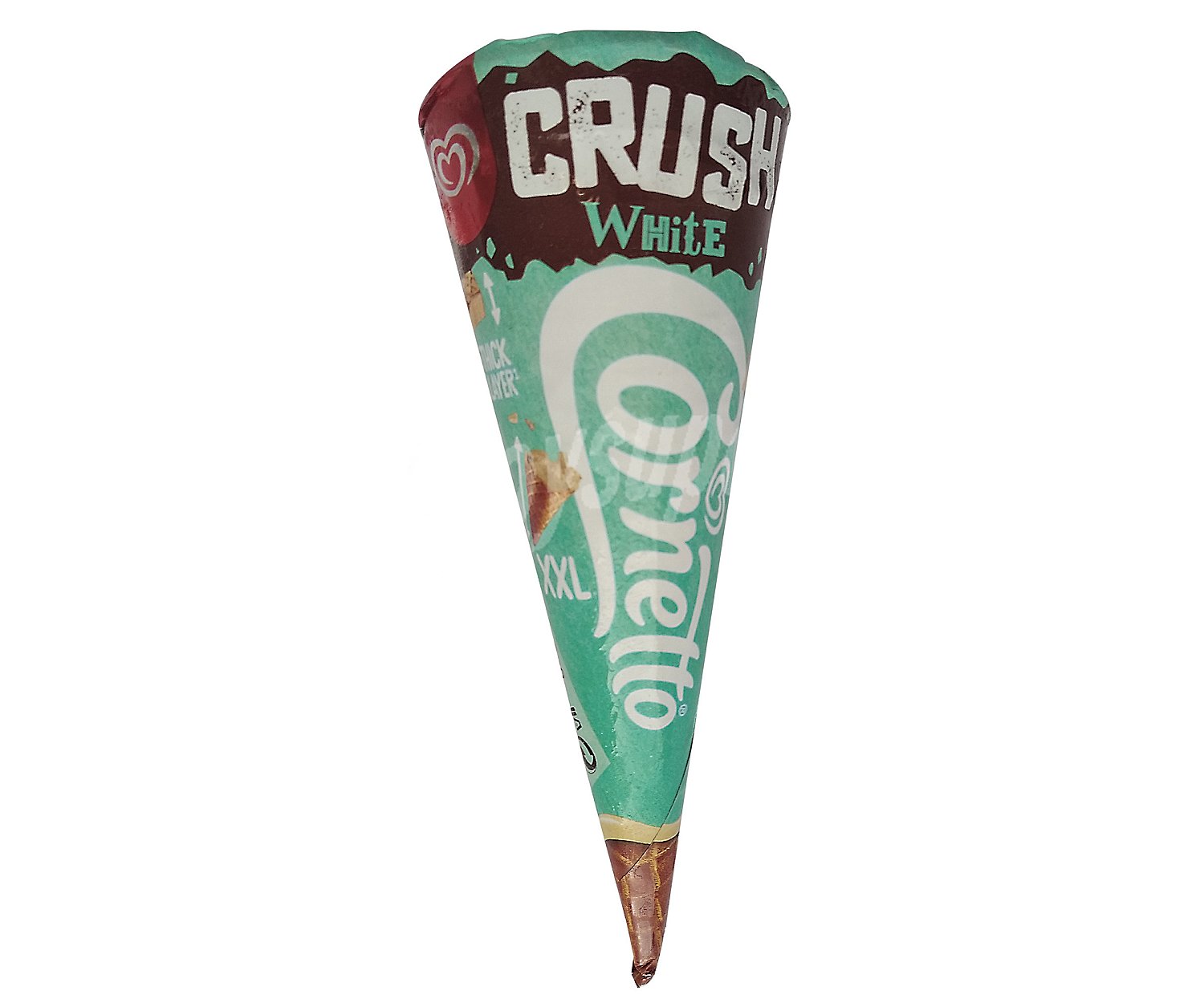 Cono de helado cremoso de chocolate blanco con trocitos de cookies crush white