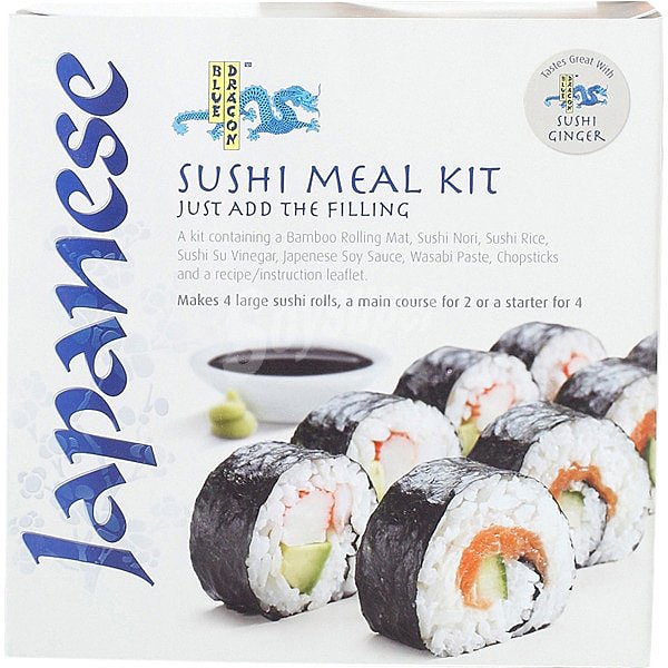 Kit de sushi que contiene una esterilla de bambú, sushi nori, arroz de sushi, vinagre para sushi , salsa de soja japonesa, pasta de wasabi, palillos y una receta