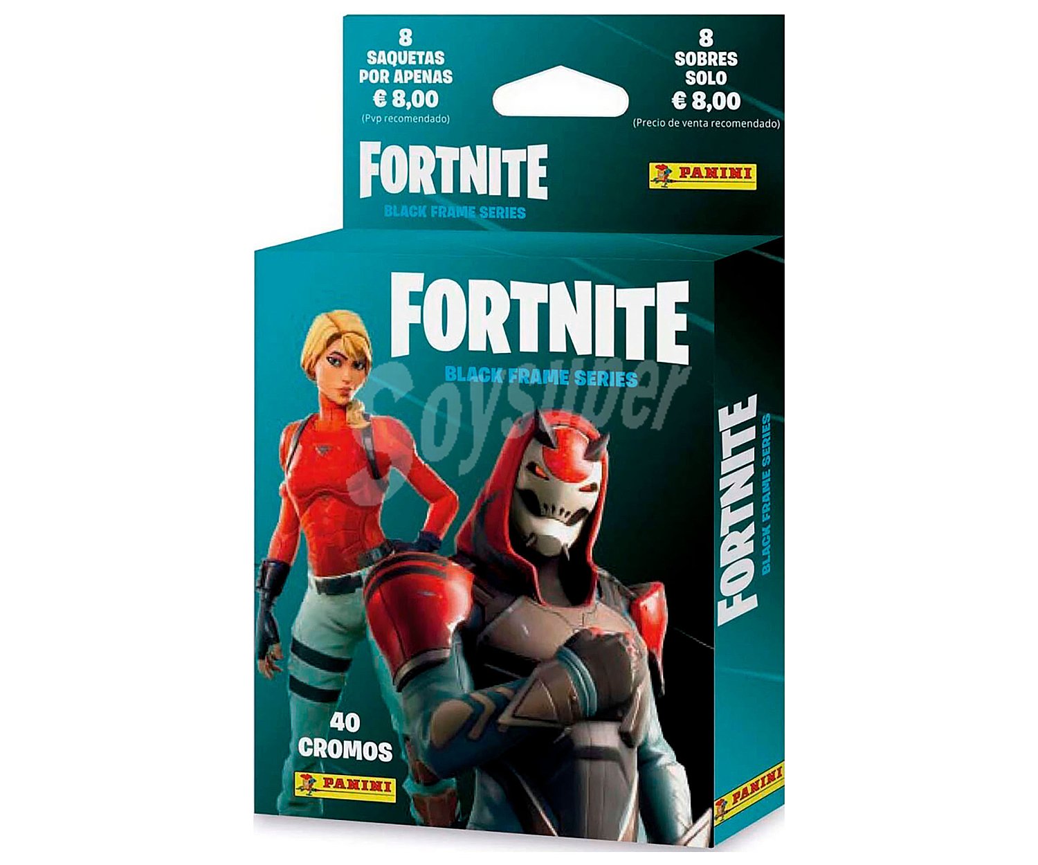 Caja de cartón con 8 sobres de cromos coleccionables Fortnite, panini.