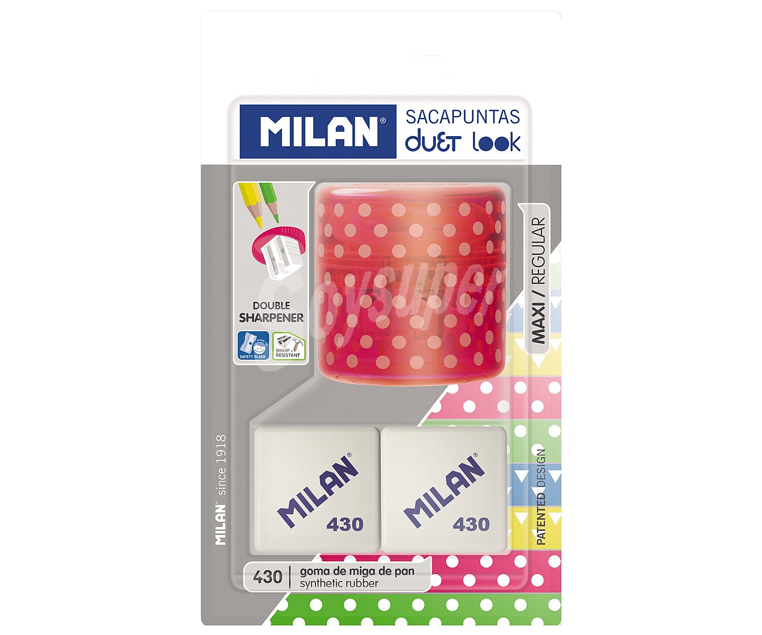 Blister 1 sacapuntas duet Look rosa + 2 gomas 430. milan