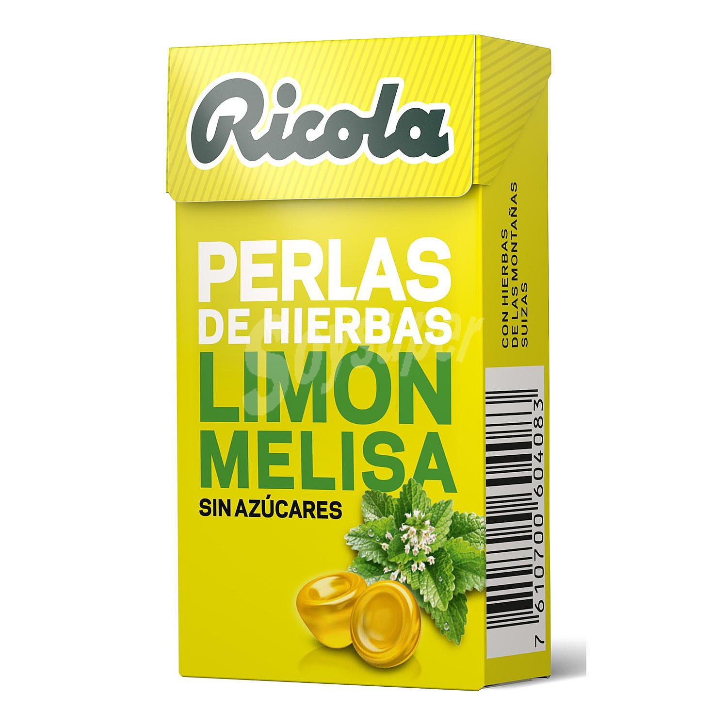 Perlas de hierbas suizas, sin azúcar y con edulcorantes y con sabor limón y melissa