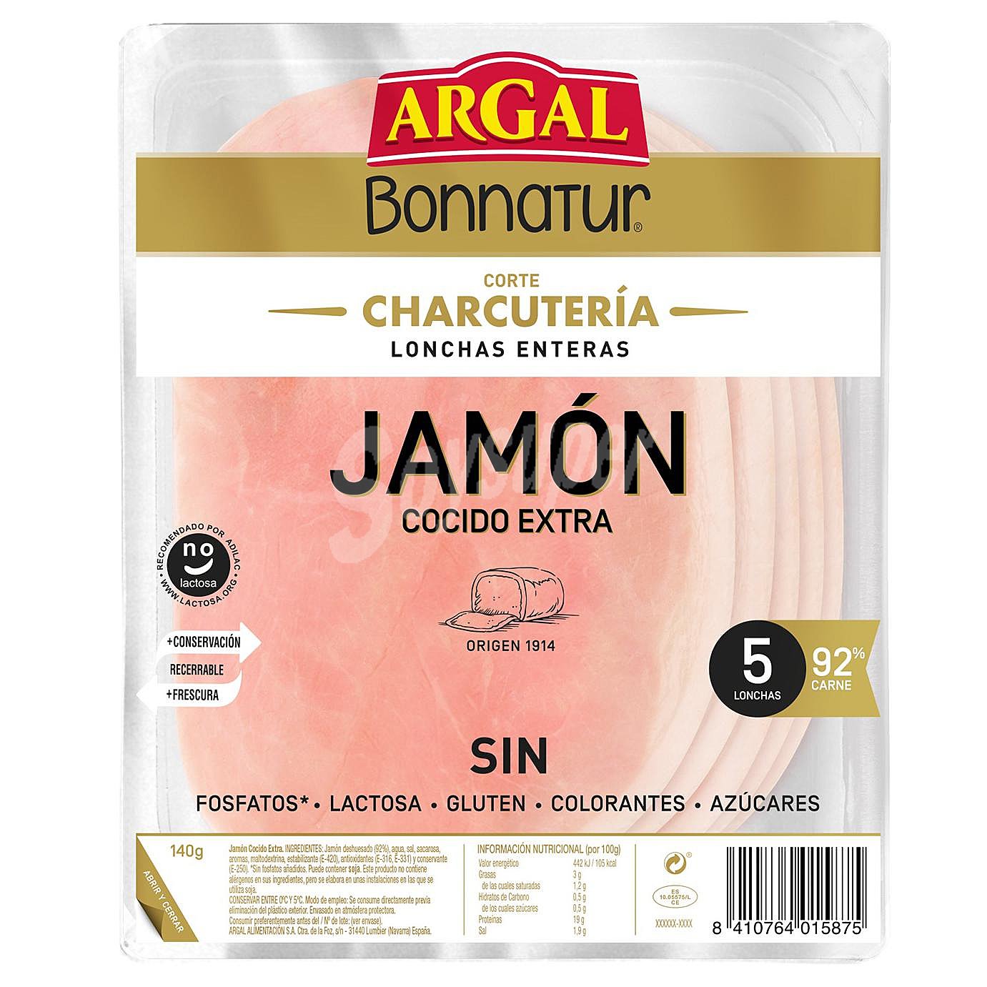 Jamón cocido extra lonchas enteras Argal Bonnatur sin gluten sin lactosa