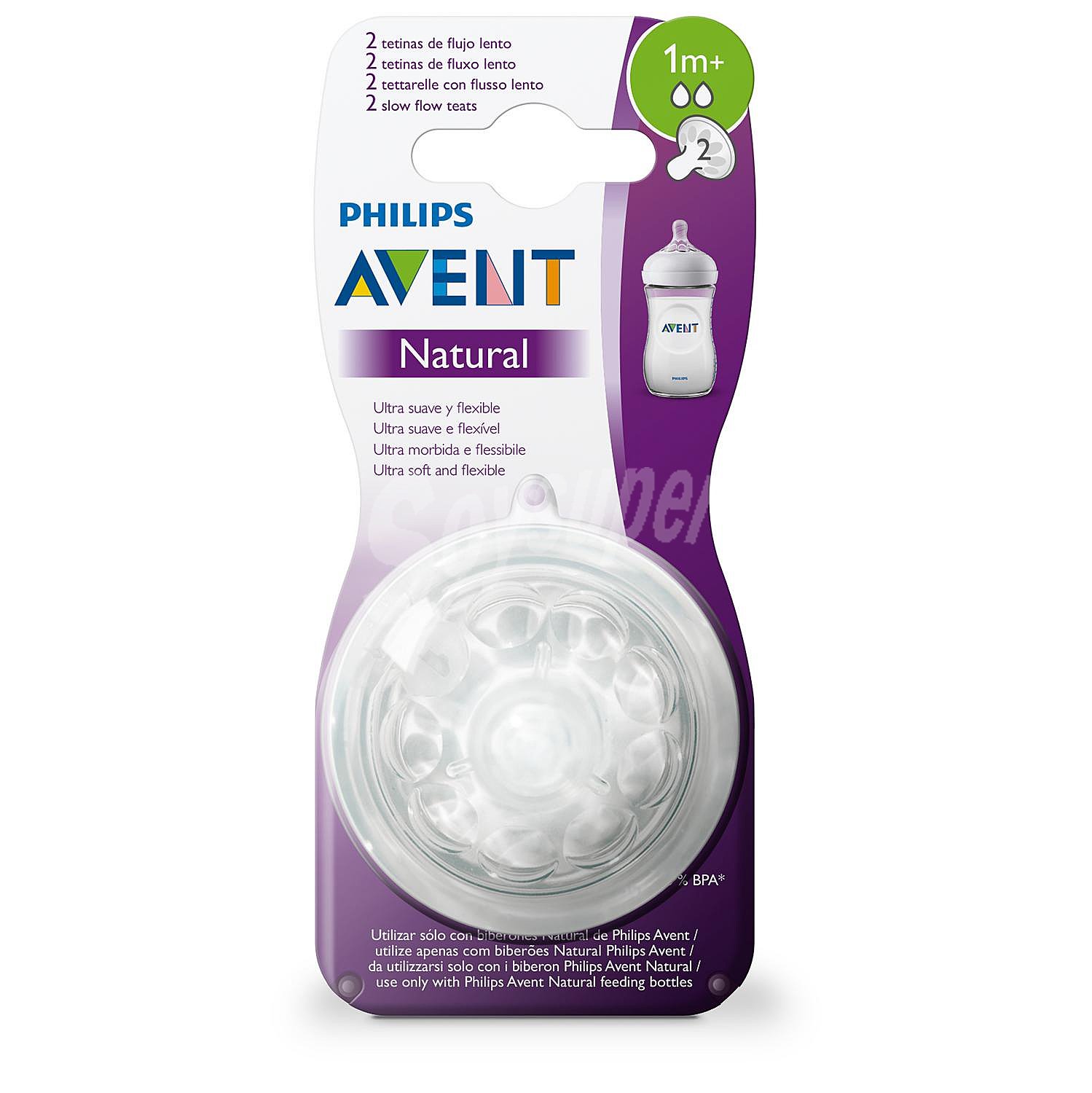 Tetina natural de silicona flujo lento desde Avent Philips 2 ud