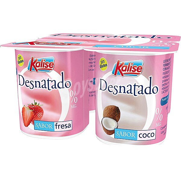 Yogur desnatado 0% materia grasa  sabores 2 piña + 2 fresa  + 2 kiwi+ 2 coco pack 8 unidades 125 g