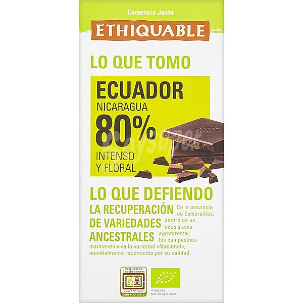 Chocolate negro 80% cacao de Ecuador ecológico y de comercio justo 