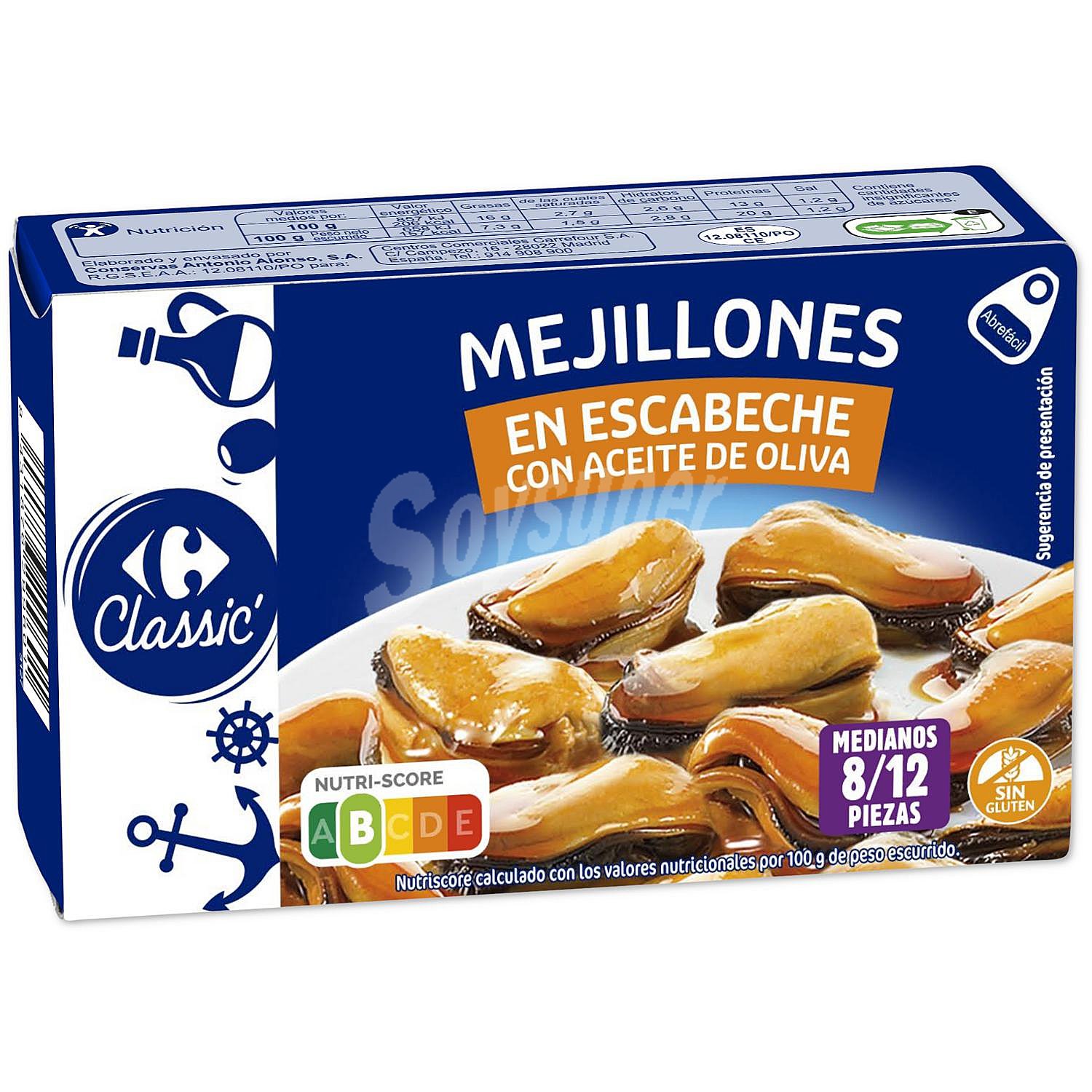 Mejillones en escabeche con aceite de oliva 8/12 Classic Carrefour sin gluten