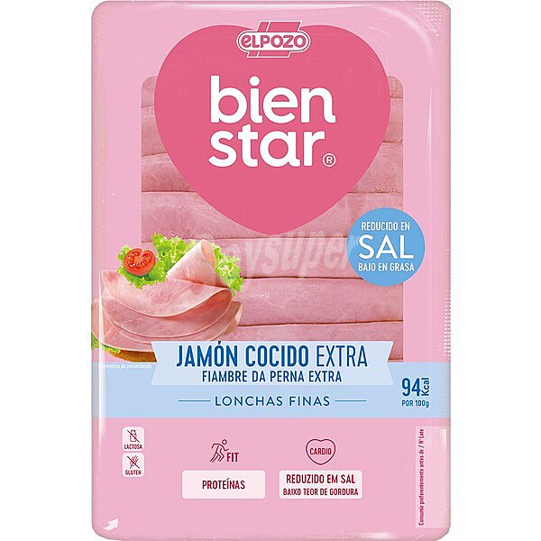 Bienstar + Pro jamón cocido extra bajo en grasa reducido en sal sin azúcares en lonchas finas sin gluten sin lactosa