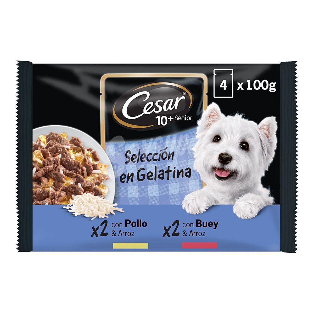 Senior 10+ selección gelatinas para perro senior pack con pollo y arroz 2 bolsas 100 g con buey y arroz