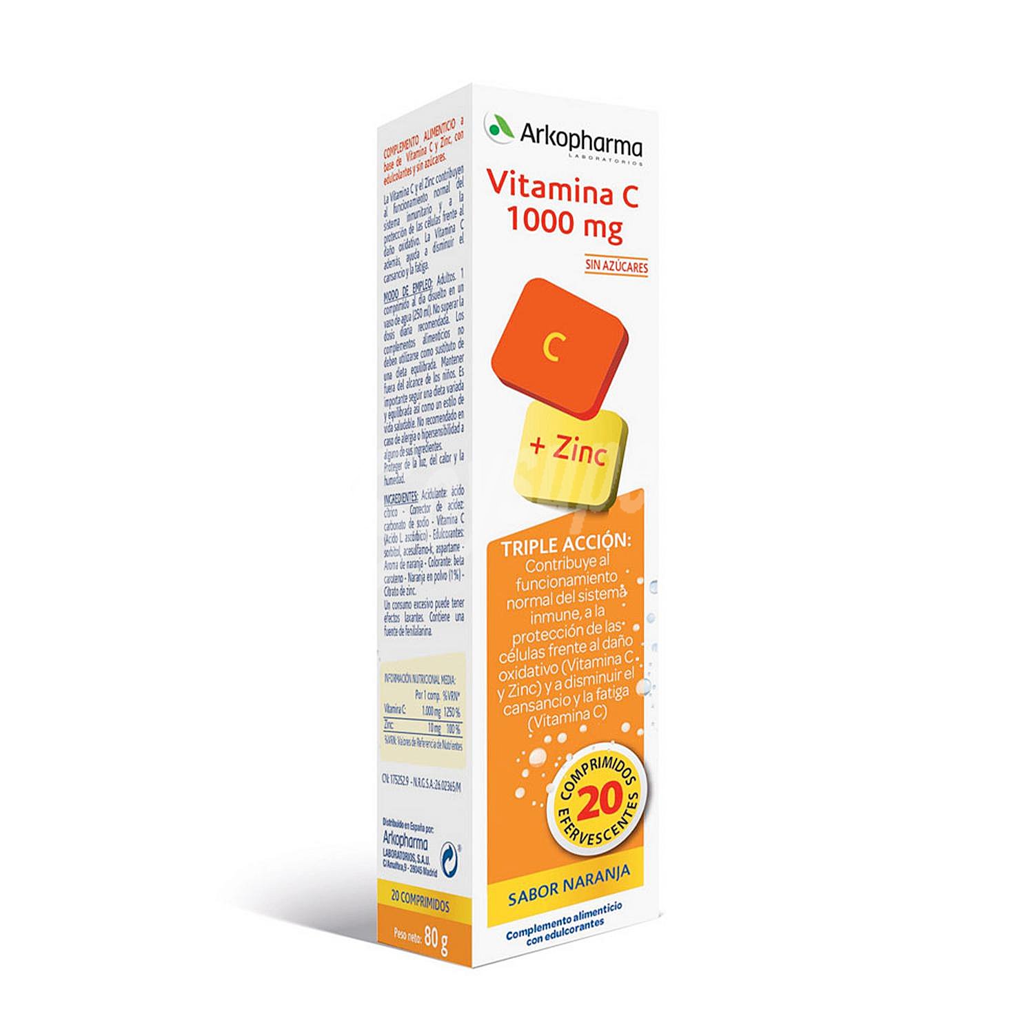 Vitamina C en comprimidos efervescentes Arkopharma sin gluten y sin lactosa 20 ud