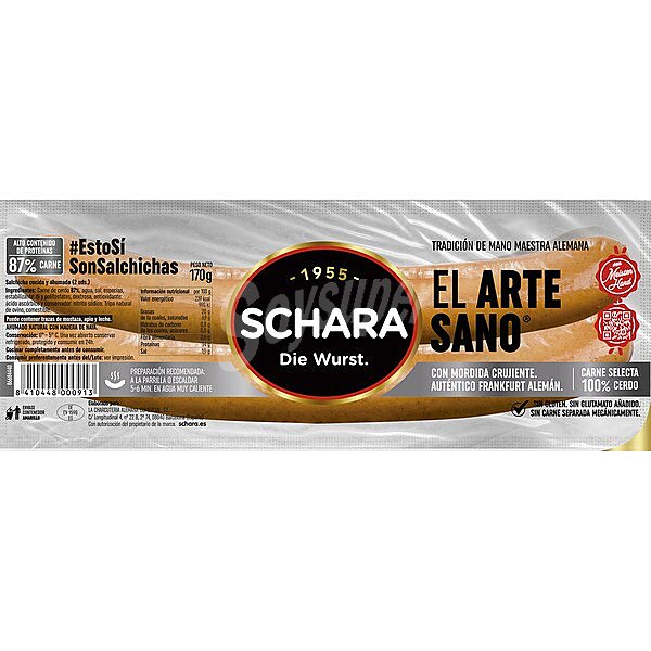 Schara Salchichas cocidas y ahumadas tipo Frankfurt, elaboradas artesanalmente en tripa natural schara