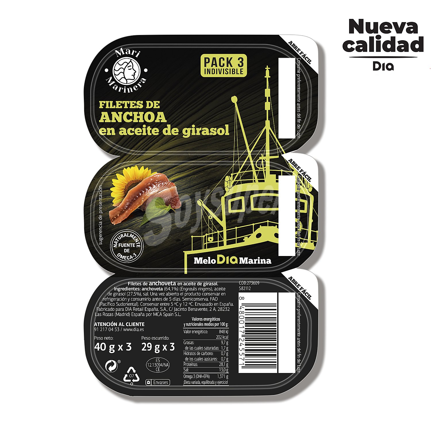 Anchoas en aceite de girasol pack 3 uds 87 gr