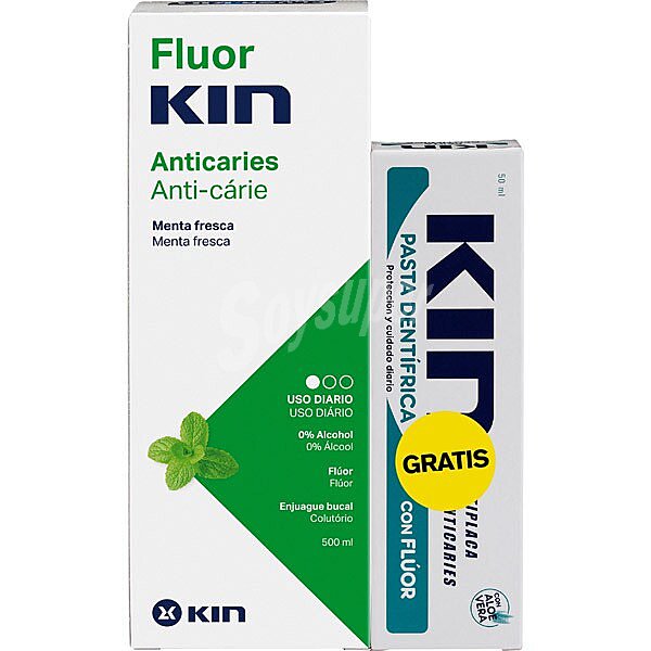 Fluor·kin Antiacaries enjuague bucal antiplaca aliento fresco 0% alcohol con regalo de pasta dentífrica con flúor