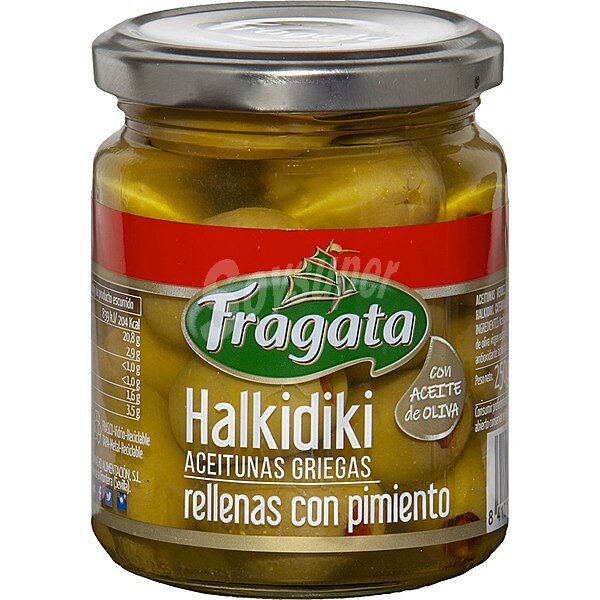 Halkidiki aceitunas griegas rellenas de pimiento con aceite de oliva