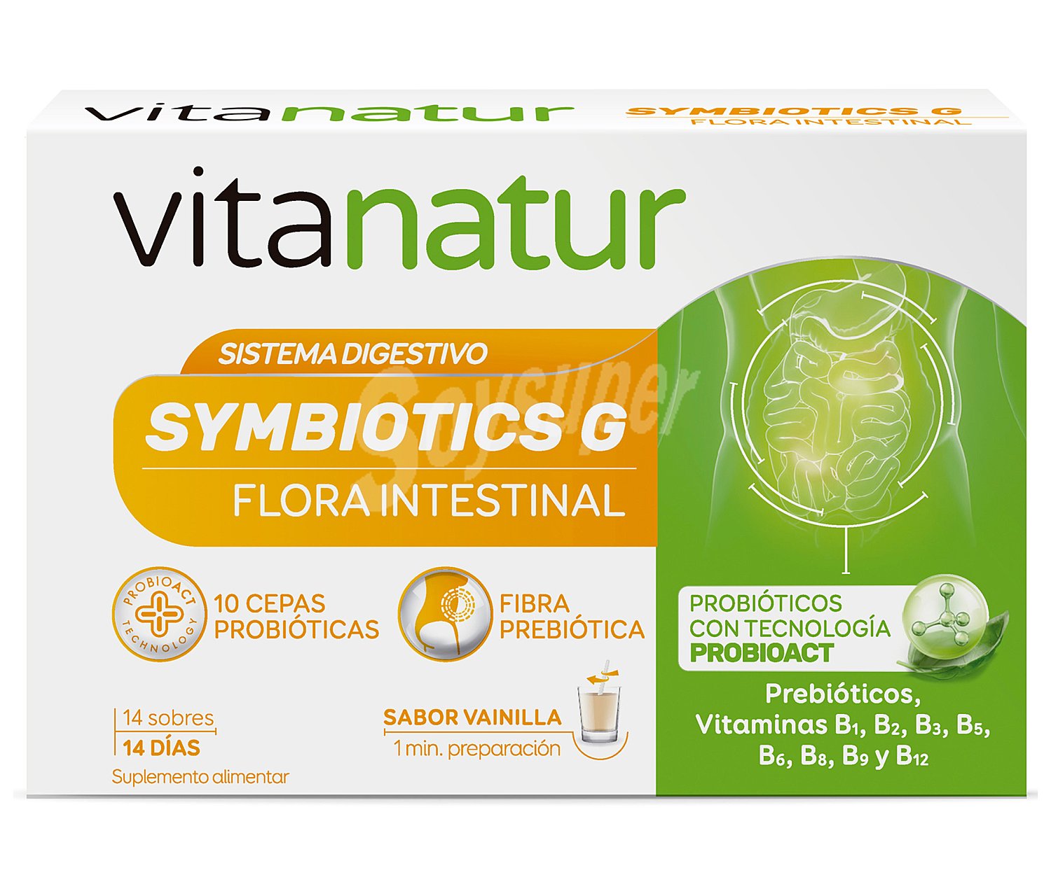 Complemento alimenticio con sabor a vainilla para el mantenimiento de la flora intestinal