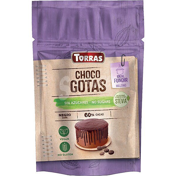 Choco gotas 60% cacao sin gluten con stevia ideal para fundir