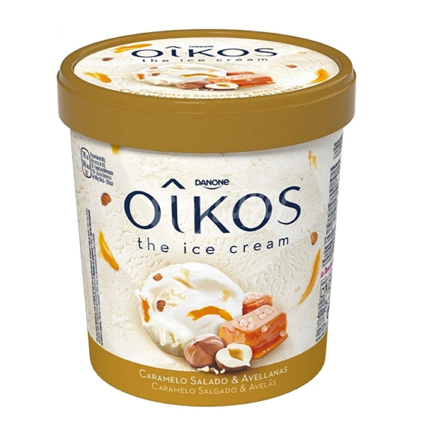 Helado de caramelo salado con avellanas Danone Oikos sin gluten