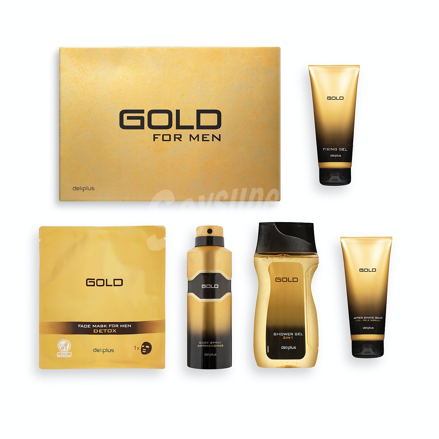 Lote hombre golden boy gel fijador 100 ml+gel 250 ml+mascarilla facial tela+balsamo after shave 100 ml+desodorante body spray 200 ml