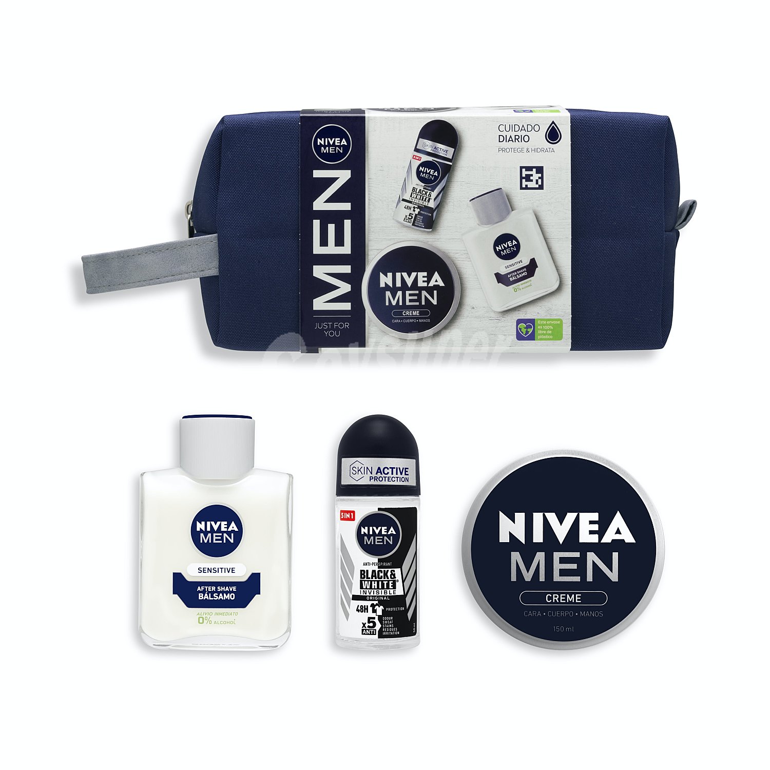 Lote hombre corporal crema hidratante (bote 150 ml) + after shave bálsamo (bote 100 ml) + desodorante (roll on 50 ml) + neceser