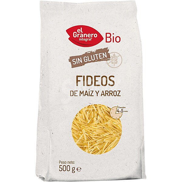 Fideos de maíz y arroz ecológicos y sin gluten envase 500 g