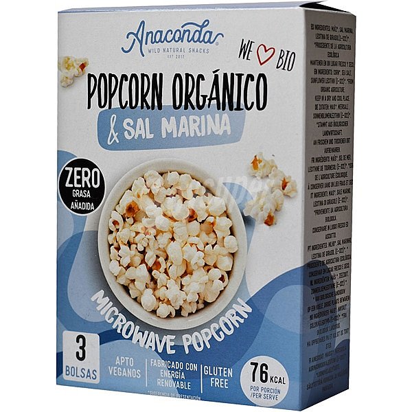 Palomitas para microondas con sal marina ecológicas sin gluten y zero grasa añadida