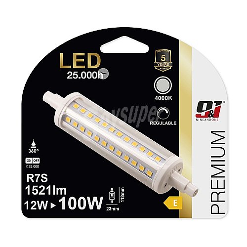 Bombilla Led R7S, 12W=100W, luz neutra , 118mm, regulable, nine&one