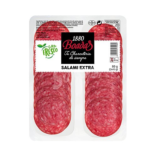 Boadas Salami de categoria extra, sin gluten y cortado en finas lonchas boadas