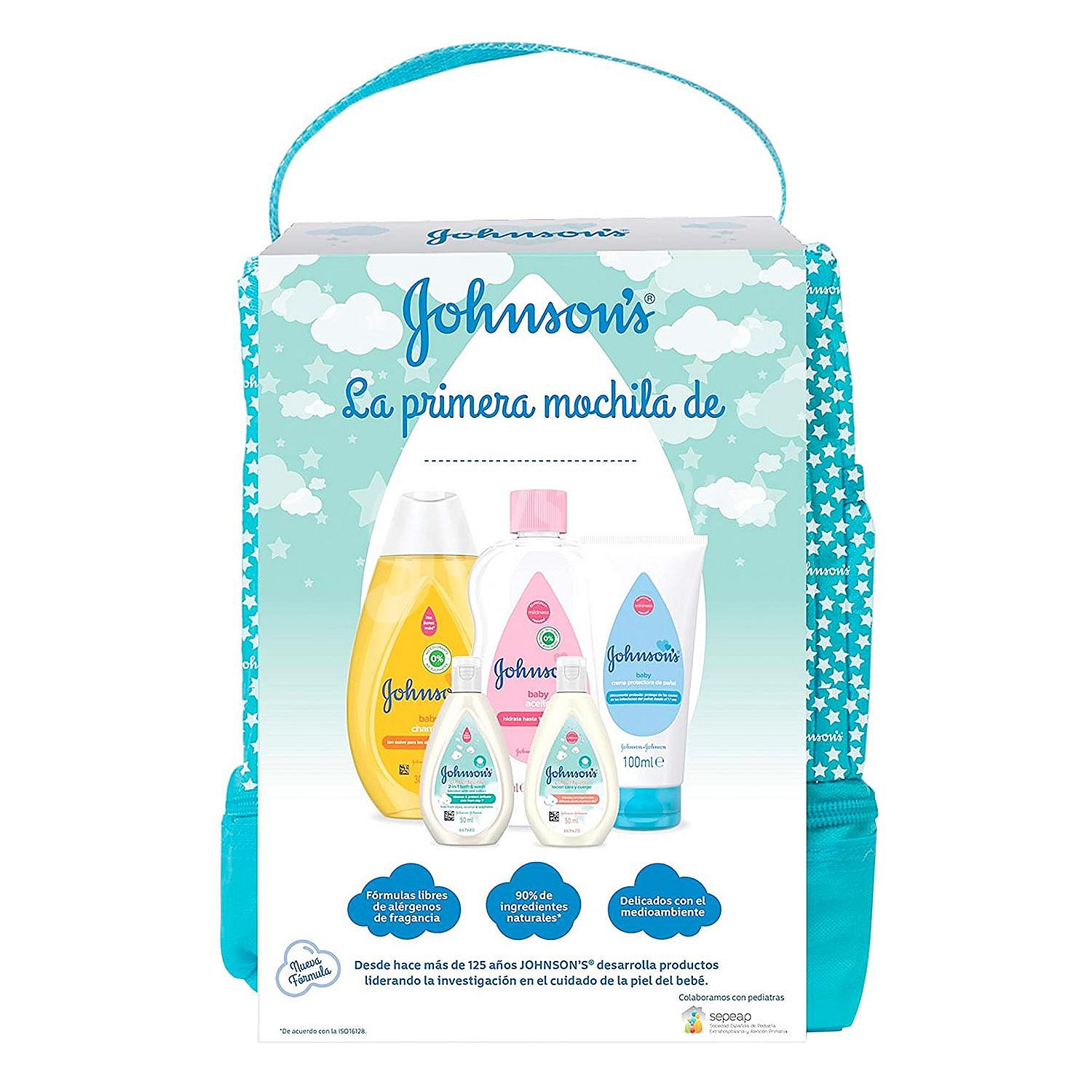 Mochila : champú , aceite corporal 300 ml, crema protectora de pañal 100 ml, loción 50 ml y gel de baño 50 ml