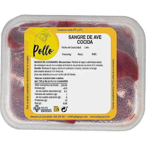 Sangre hervida de pollo peso aproximado