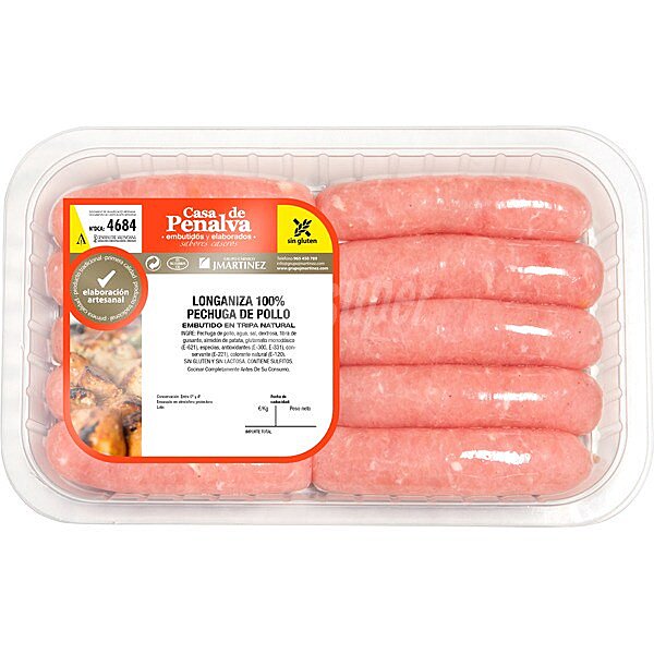 Longanizas 100% de pechuga pollo sin gluten y sin lactosa peso aproximado