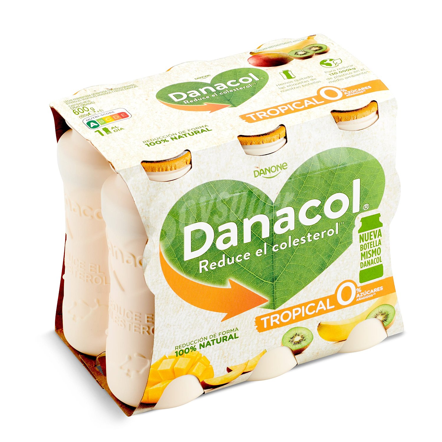 Leche fermentada desnatada con edulcorantes, esteroles vegetales añadidos y frutas tropicales danacol de Danone