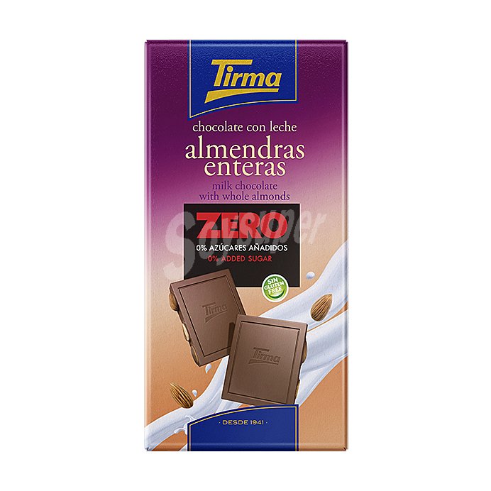 Chocolate con leche almendras enteras sin gluten y sin azúcares añadidos