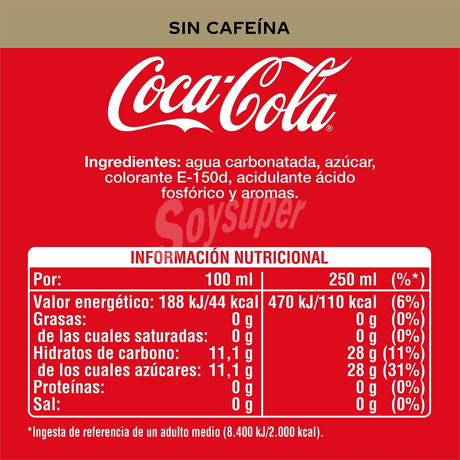 Refresco de cola sin cafeína coca cola