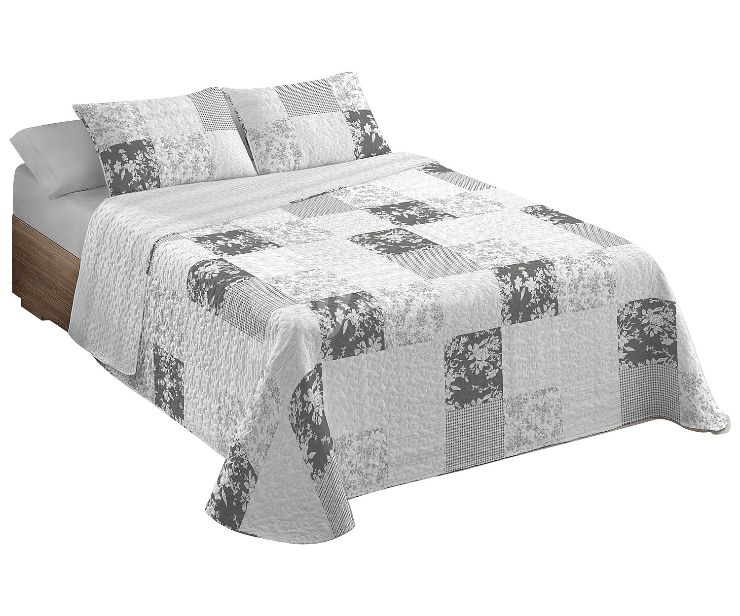 Colcha boutí para cama individual con diseño Patchwork en tonos blanco y topo, 100% microfibra,