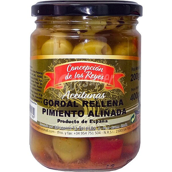 Aceitunas gordal aliñadas rellenas de pimiento