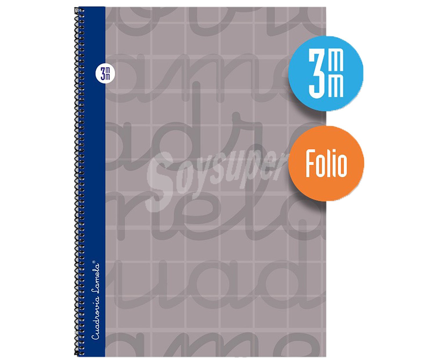 Cuaderno de espiral tamaño cuarto con 80 hojas de cuadrovía 3mm. Cubierta extra dura color gris lamela