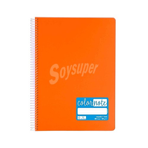 Cuaderno tamaño A4 con cubiertas de PP en color naranja y espiral plástica, con 80 hojas de rayadas de 7 mm y de en el interior, grafoplas