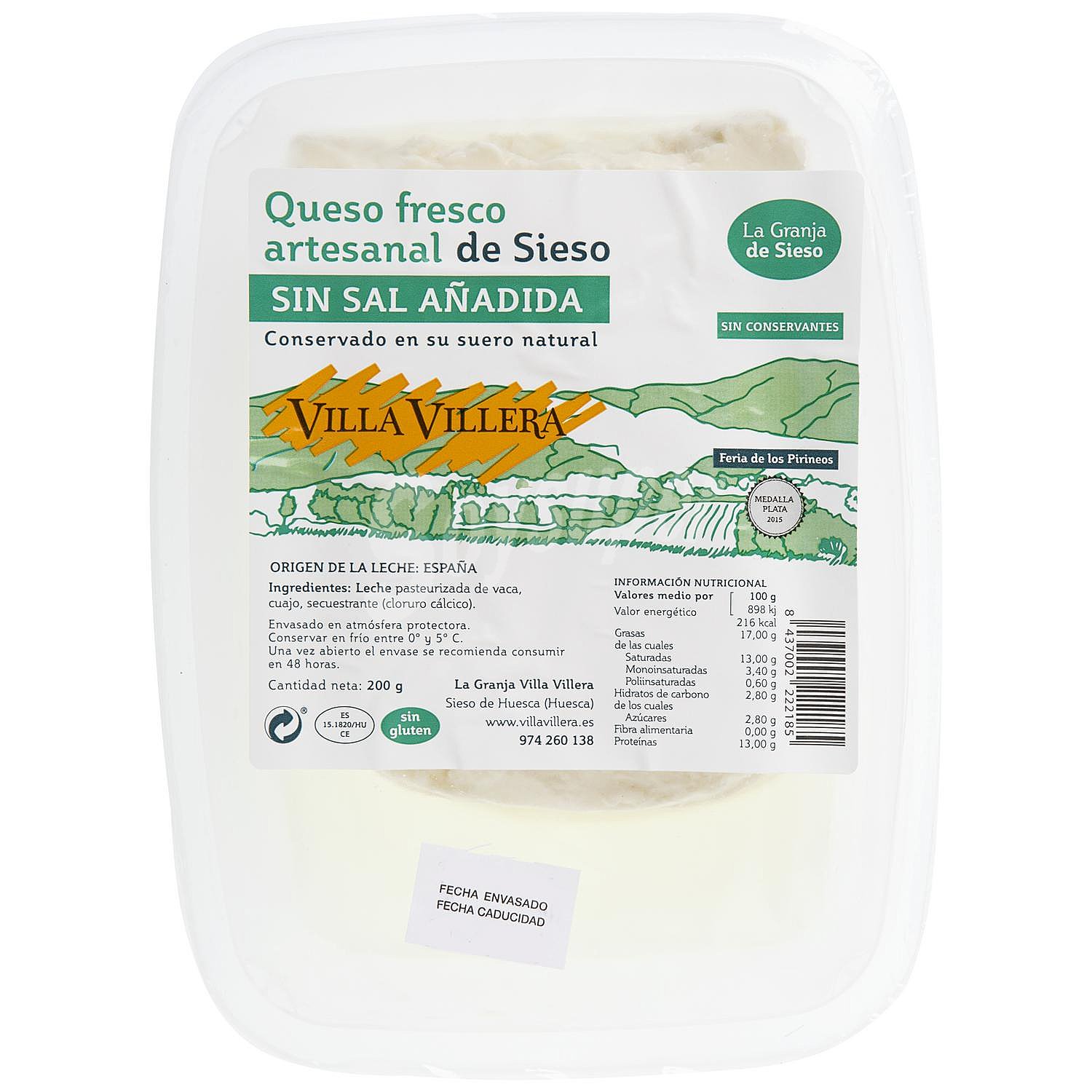 Queso fresco artesanal de Sieso, sin sal añadida