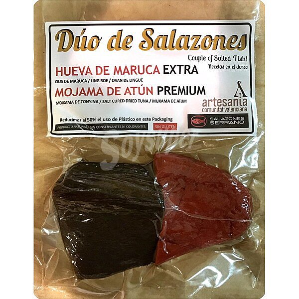 Duo de salazones: taco de mojama de atún y taco de hueva de maruca (100g) envase 200 G