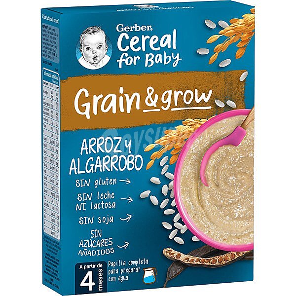 Grain & grow papilla de arroz y algarrobo sin azúcares añadidos sin gluten sin lactosa caja 250 g a partir de 4 meses