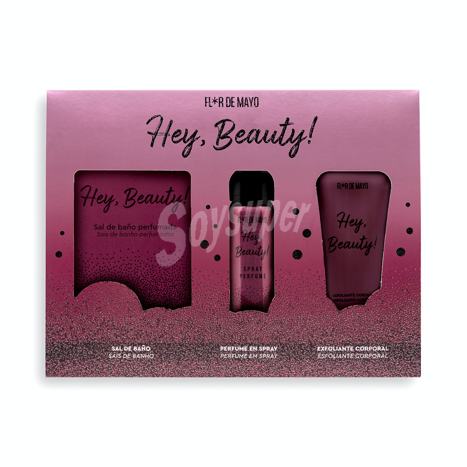 Lote mujer hey beauty eau de parfum vaporizador 75 ml + sales baño 100 ml + gel baño exfoliante 100 ml