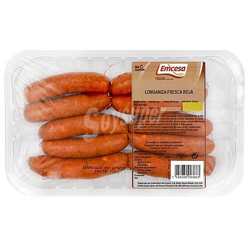 Bandeja de longaniza fresca roja de categoria extra y elaborada sin gluten emcesa