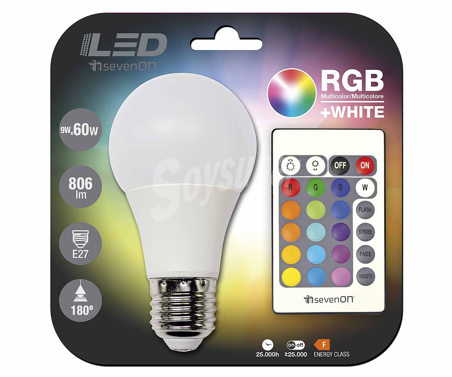 Bombilla Led E27, 9W=60W, RGB multicolor, mando a distancia, sevenon