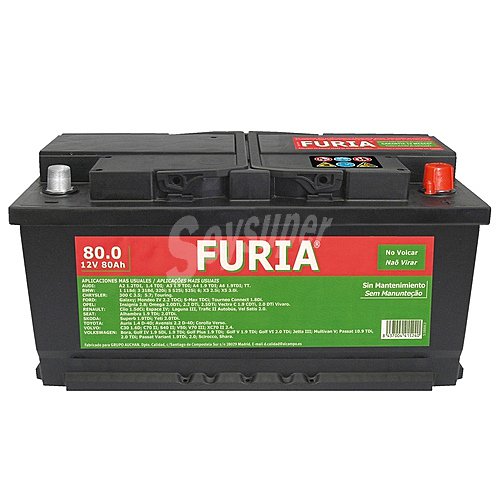 Batería de coche 80Ah, arranque 740A, 12v, L: 31,5cm, A: 17,5cm, H: 17,5cm, furia