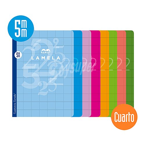 Cuaderno de grapa tamaño cuarto. 50 hojas. Cuadrovía de 5 mm., 8 colores surtidos. editorial lamela